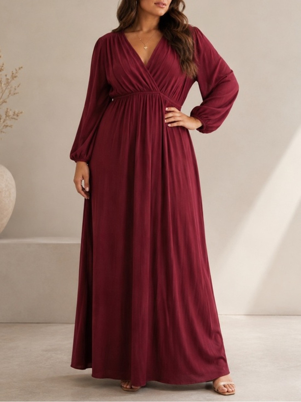 Baltic Born Venus Burgundy Pleated Maxi Dress Long Sleeve Formal Wedding Guest